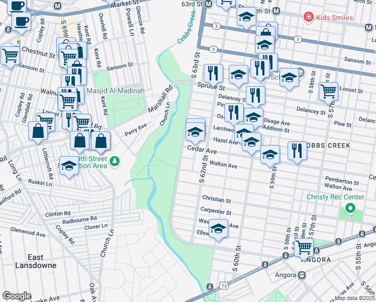 map of restaurants, bars, coffee shops, grocery stores, and more near 6248 Cedar Avenue in Philadelphia