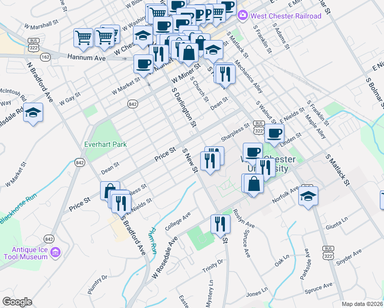 map of restaurants, bars, coffee shops, grocery stores, and more near 231 Sharpless Street in West Chester