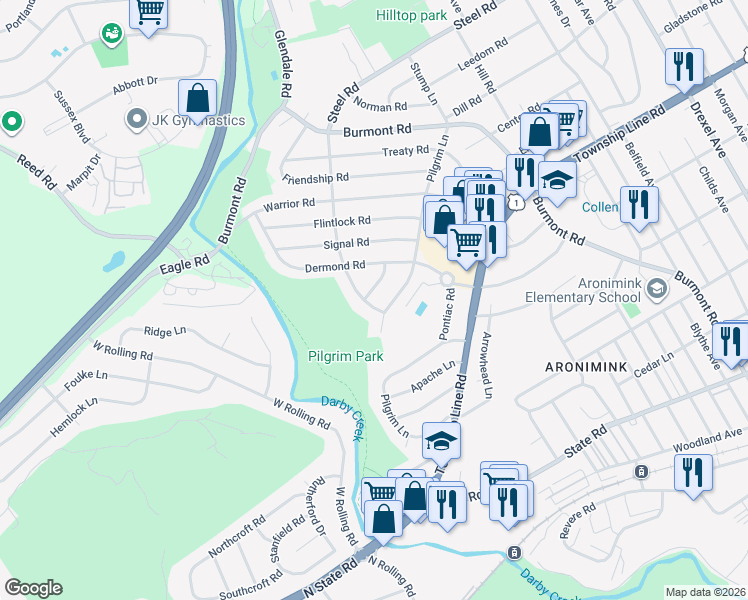 map of restaurants, bars, coffee shops, grocery stores, and more near 209 Pilgrim Lane in Drexel Hill