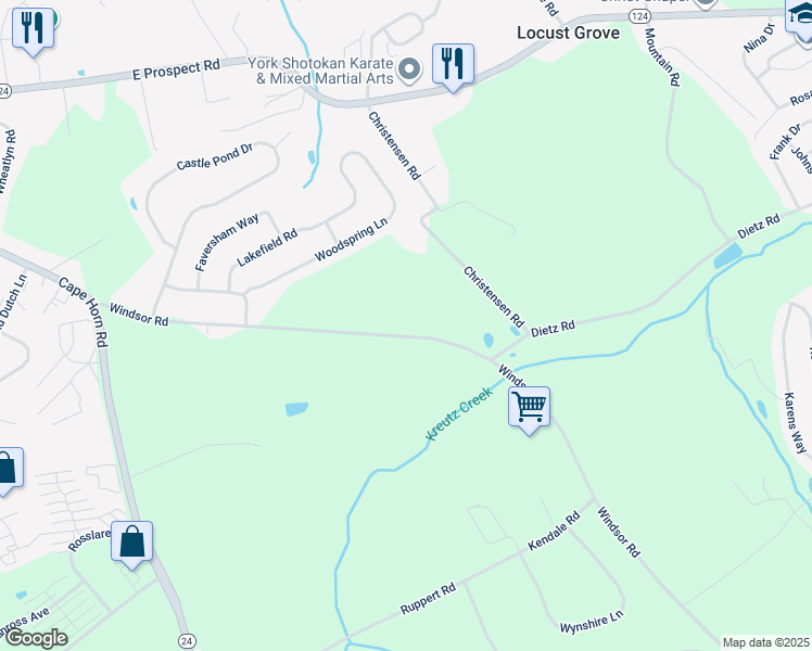 map of restaurants, bars, coffee shops, grocery stores, and more near 345 Windsor Road in York