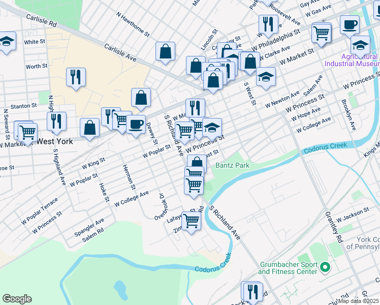 map of restaurants, bars, coffee shops, grocery stores, and more near 936 West Princess Street in York