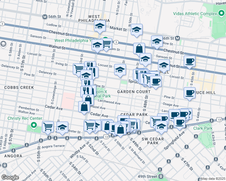 map of restaurants, bars, coffee shops, grocery stores, and more near 5016 Pine Street in Philadelphia