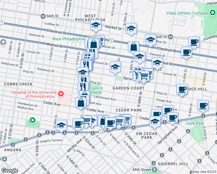 map of restaurants, bars, coffee shops, grocery stores, and more near 5016 Pine Street in Philadelphia