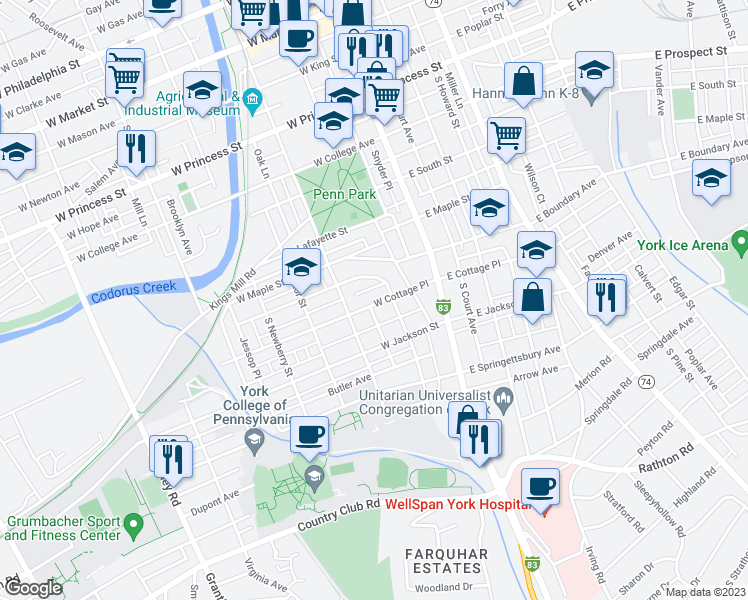 map of restaurants, bars, coffee shops, grocery stores, and more near 125 West Cottage Place in York