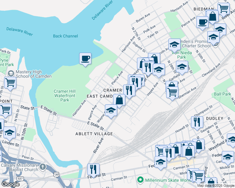 map of restaurants, bars, coffee shops, grocery stores, and more near 1048 North 20th Street in Camden