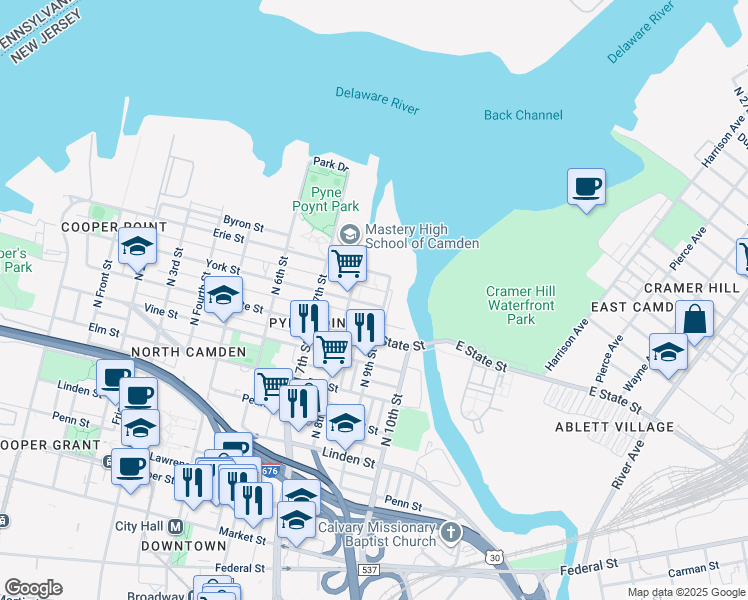 map of restaurants, bars, coffee shops, grocery stores, and more near 844 York Street in Camden