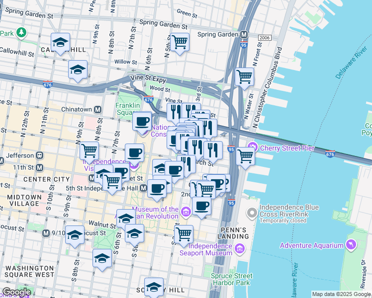 map of restaurants, bars, coffee shops, grocery stores, and more near in Philadelphia