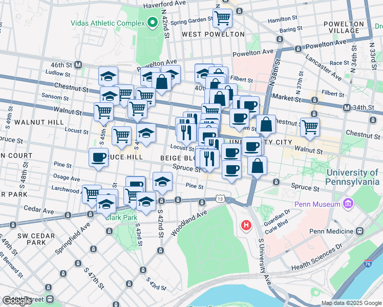 map of restaurants, bars, coffee shops, grocery stores, and more near 4000 Irving Street in Philadelphia