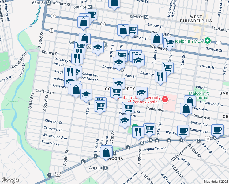 map of restaurants, bars, coffee shops, grocery stores, and more near 524 South 57th Street in Philadelphia