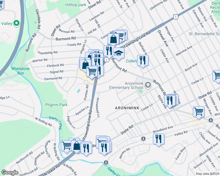 map of restaurants, bars, coffee shops, grocery stores, and more near 5030 Sylvia Road in Drexel Hill