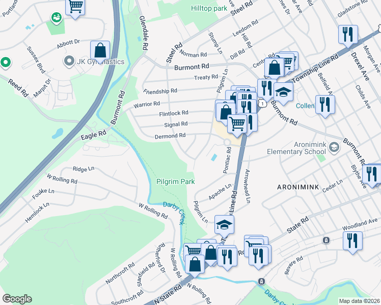 map of restaurants, bars, coffee shops, grocery stores, and more near 209 Pilgrim Lane in Drexel Hill