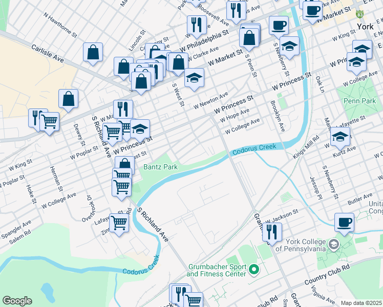 map of restaurants, bars, coffee shops, grocery stores, and more near 604 West College Avenue in York