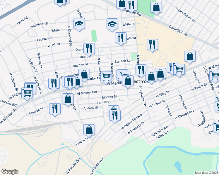 map of restaurants, bars, coffee shops, grocery stores, and more near 1639 West Mason Avenue in West York