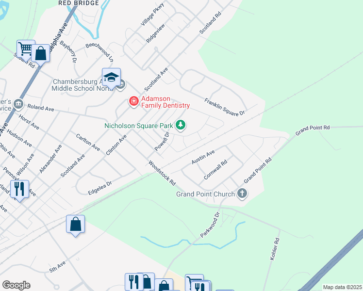 map of restaurants, bars, coffee shops, grocery stores, and more near 1912 Bassett Drive in Chambersburg