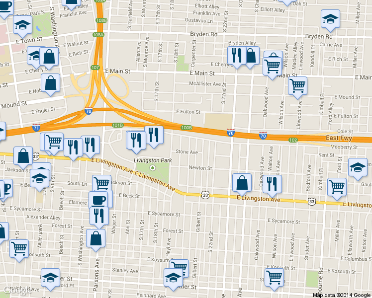 map of restaurants, bars, coffee shops, grocery stores, and more near in Columbus