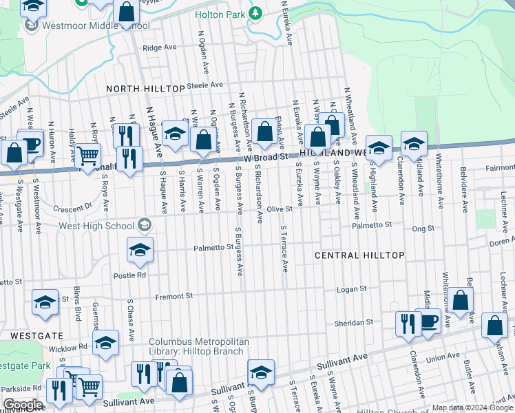 map of restaurants, bars, coffee shops, grocery stores, and more near 120 South Burgess Avenue in Columbus