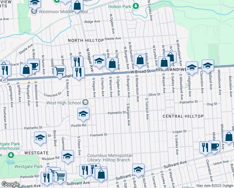 map of restaurants, bars, coffee shops, grocery stores, and more near 126 South Ogden Avenue in Columbus