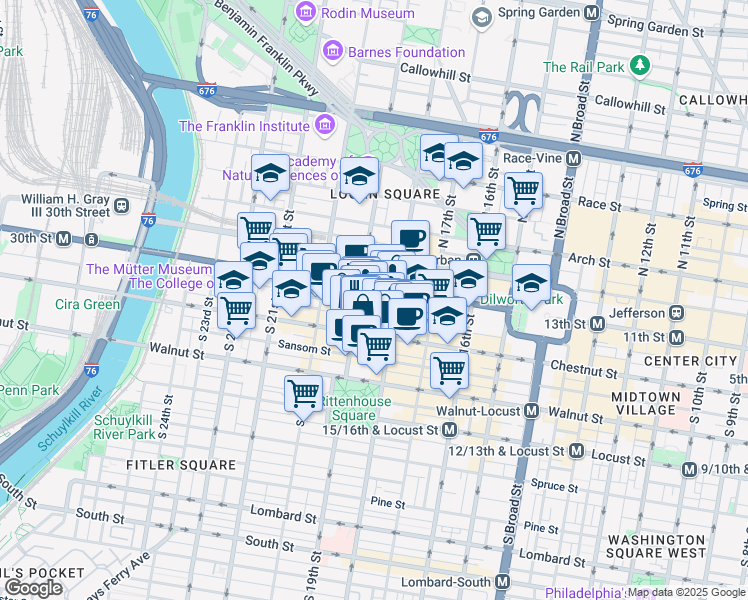 map of restaurants, bars, coffee shops, grocery stores, and more near 1818 Market Street in Philadelphia