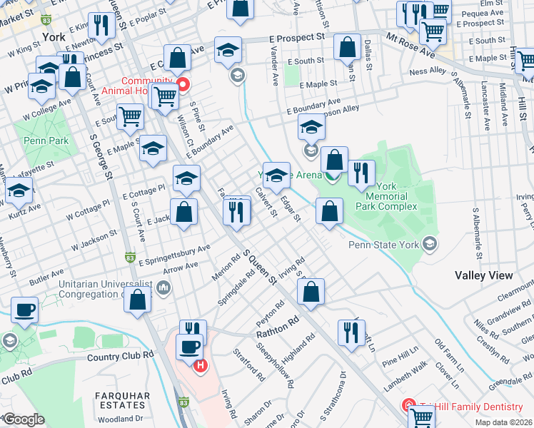 map of restaurants, bars, coffee shops, grocery stores, and more near 900-914 South Pine Street in York