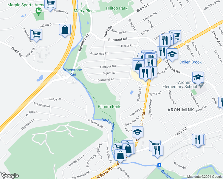 map of restaurants, bars, coffee shops, grocery stores, and more near 2214 Steele Road in Upper Darby