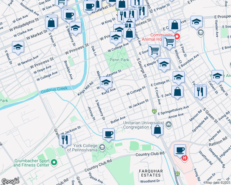 map of restaurants, bars, coffee shops, grocery stores, and more near 616 South Pershing Avenue in York