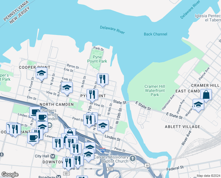 map of restaurants, bars, coffee shops, grocery stores, and more near 829 York Street in Camden