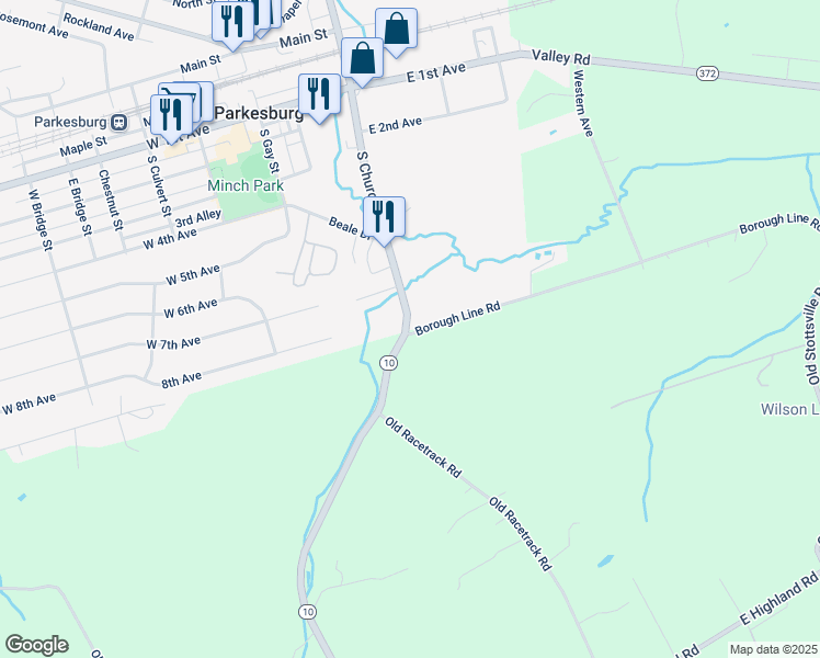 map of restaurants, bars, coffee shops, grocery stores, and more near 275 South Church Street in Parkesburg