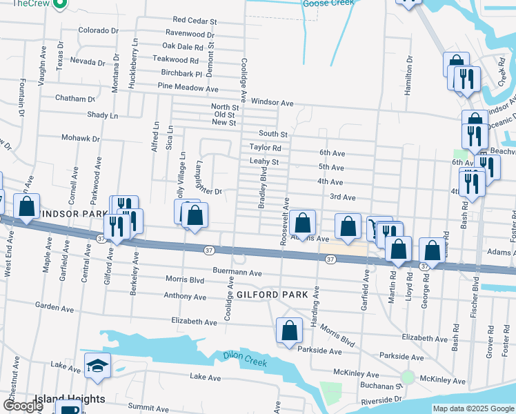 map of restaurants, bars, coffee shops, grocery stores, and more near 523 Bradley Boulevard in Toms River
