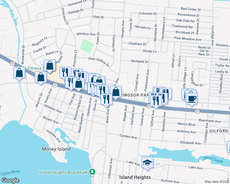map of restaurants, bars, coffee shops, grocery stores, and more near 1700 New Jersey 37 in Toms River