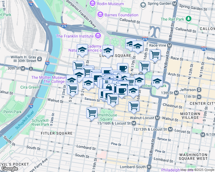 map of restaurants, bars, coffee shops, grocery stores, and more near 12 South 19th Street in Philadelphia