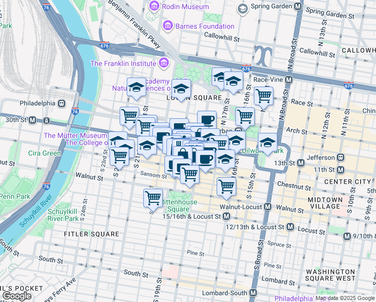 map of restaurants, bars, coffee shops, grocery stores, and more near 1822 Ludlow Street in Philadelphia