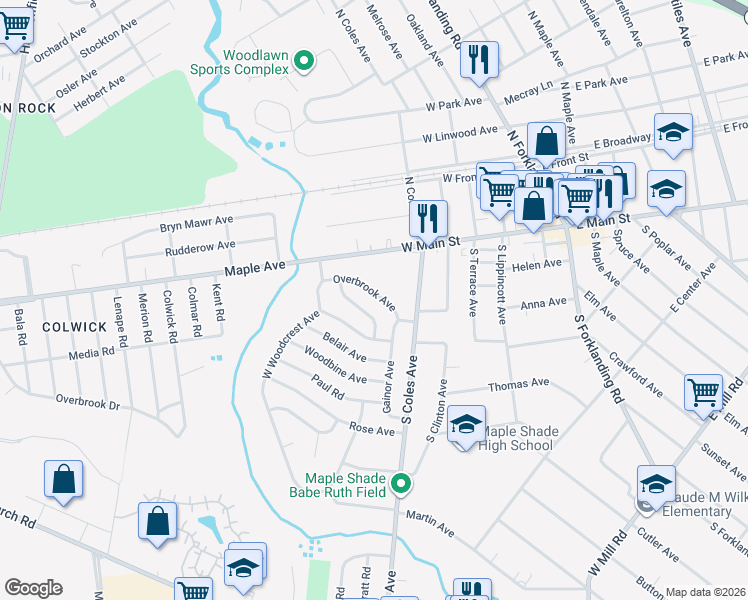 map of restaurants, bars, coffee shops, grocery stores, and more near 18 Wyndale Avenue in Maple Shade
