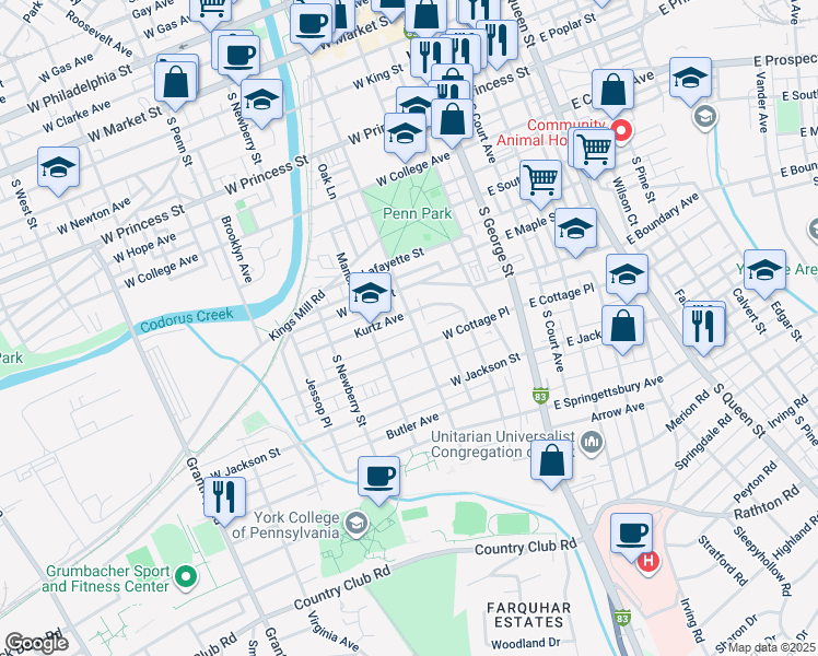 map of restaurants, bars, coffee shops, grocery stores, and more near 620 South Pershing Avenue in York