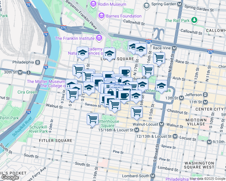 map of restaurants, bars, coffee shops, grocery stores, and more near 1822 Ludlow Street in Philadelphia