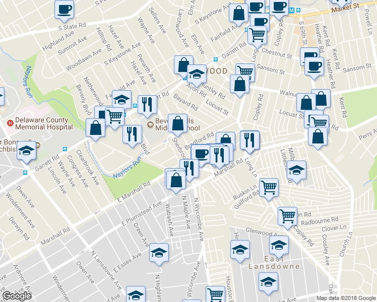 map of restaurants, bars, coffee shops, grocery stores, and more near 146 Margate Road in Upper Darby