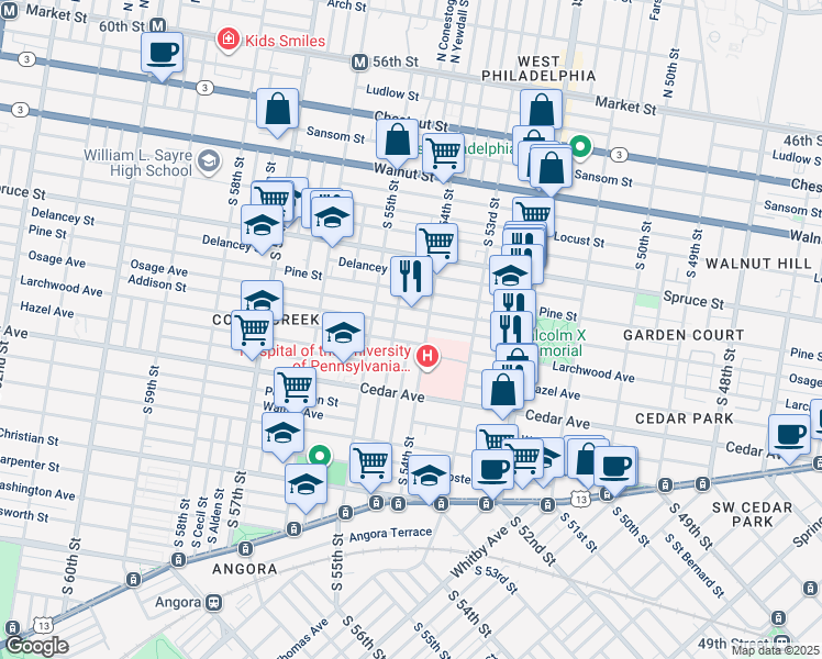 map of restaurants, bars, coffee shops, grocery stores, and more near 5412 Addison Street in Philadelphia