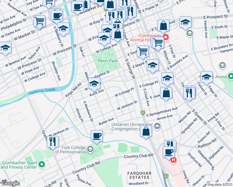 map of restaurants, bars, coffee shops, grocery stores, and more near 125 West Cottage Place in York