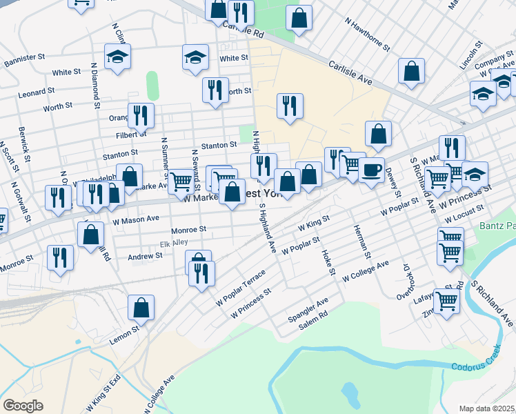 map of restaurants, bars, coffee shops, grocery stores, and more near 7 South Highland Avenue in York