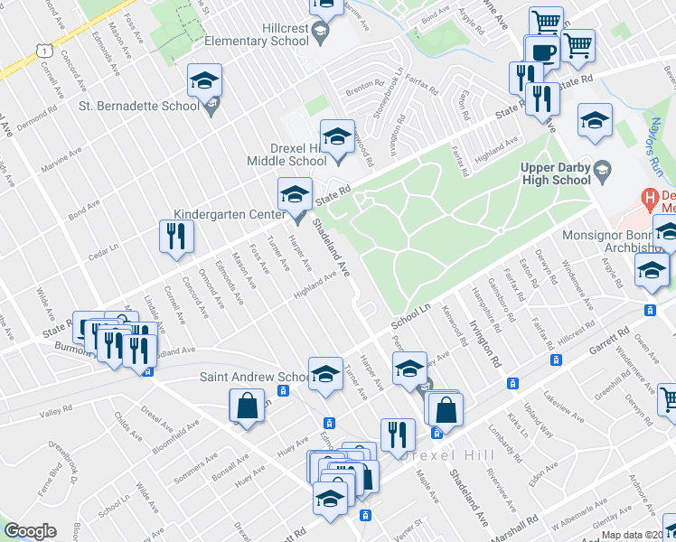 map of restaurants, bars, coffee shops, grocery stores, and more near 2336 Highland Avenue in Upper Darby