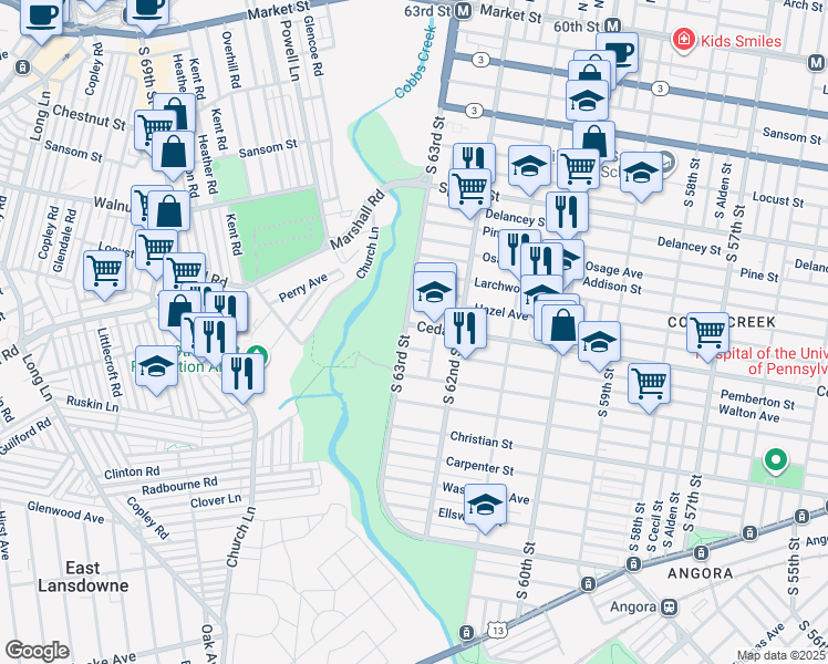 map of restaurants, bars, coffee shops, grocery stores, and more near 603 Cobbs Creek Parkway in Philadelphia