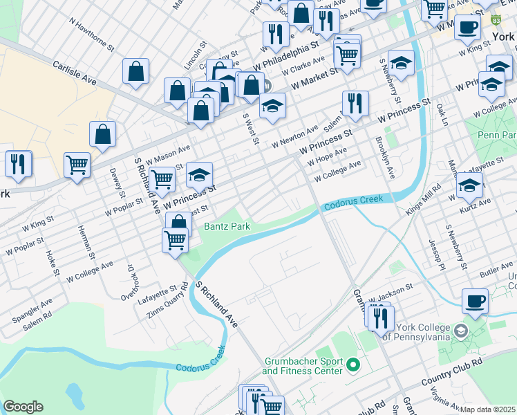 map of restaurants, bars, coffee shops, grocery stores, and more near 650 West College Avenue in York