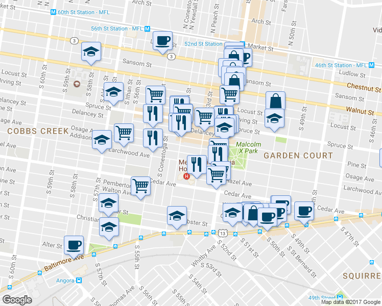 map of restaurants, bars, coffee shops, grocery stores, and more near 5325 Addison Street in Philadelphia