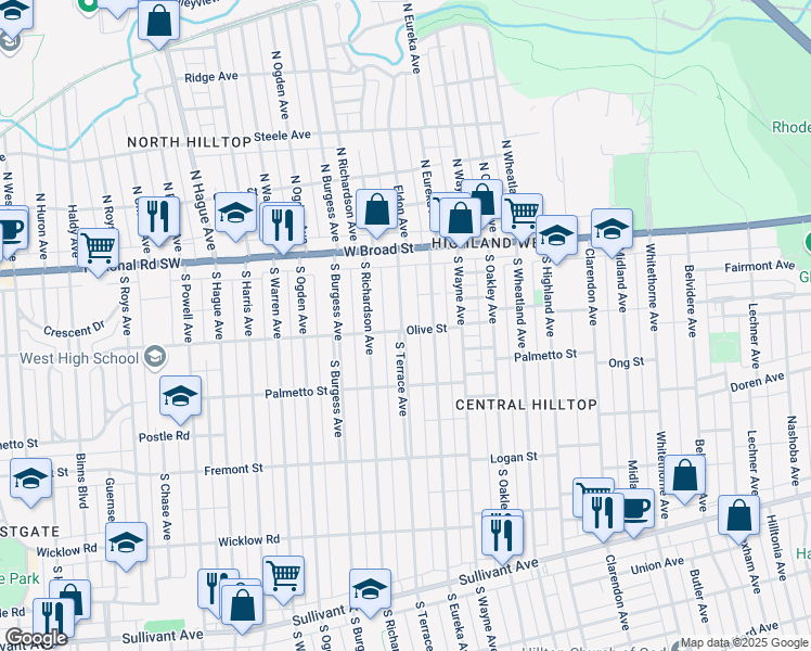 map of restaurants, bars, coffee shops, grocery stores, and more near 110 South Terrace Avenue in Columbus