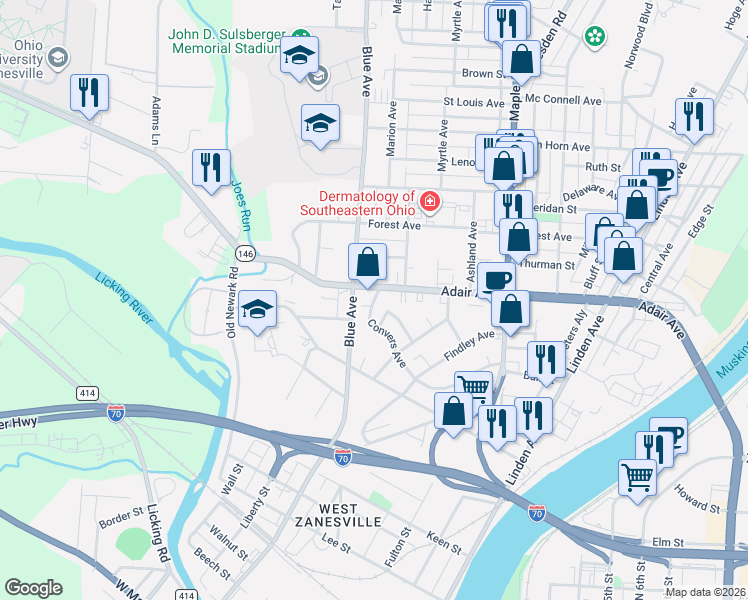 map of restaurants, bars, coffee shops, grocery stores, and more near 1128 Convers Ave in Zanesville