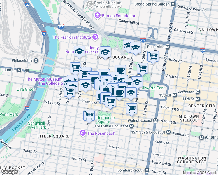 map of restaurants, bars, coffee shops, grocery stores, and more near 1818 Market Street in Philadelphia