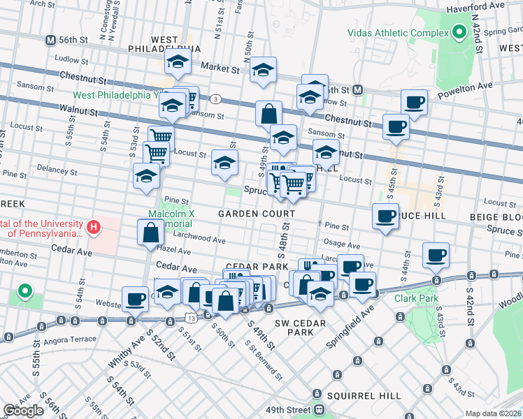 map of restaurants, bars, coffee shops, grocery stores, and more near 4839 Pine Street in Philadelphia