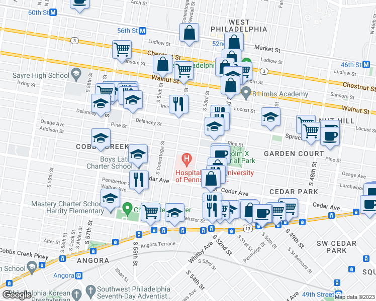 map of restaurants, bars, coffee shops, grocery stores, and more near 5327 Addison Street in Philadelphia