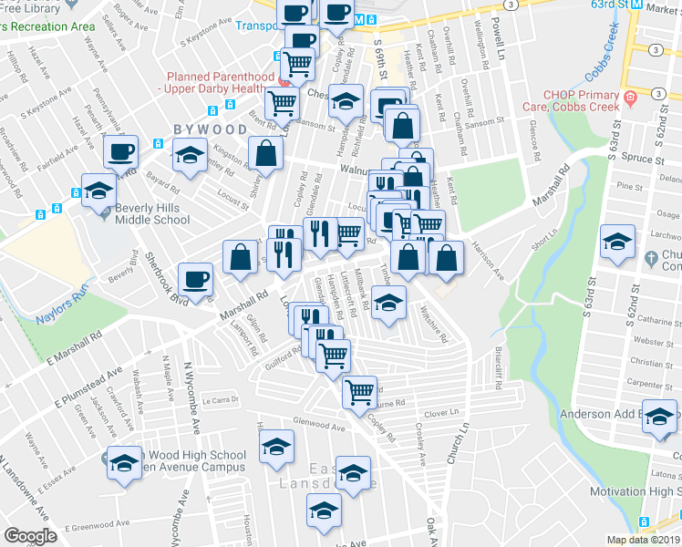 map of restaurants, bars, coffee shops, grocery stores, and more near 412 Littlecroft Road in Upper Darby