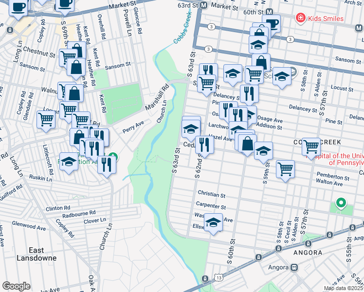 map of restaurants, bars, coffee shops, grocery stores, and more near 603 Cobbs Creek Parkway in Philadelphia