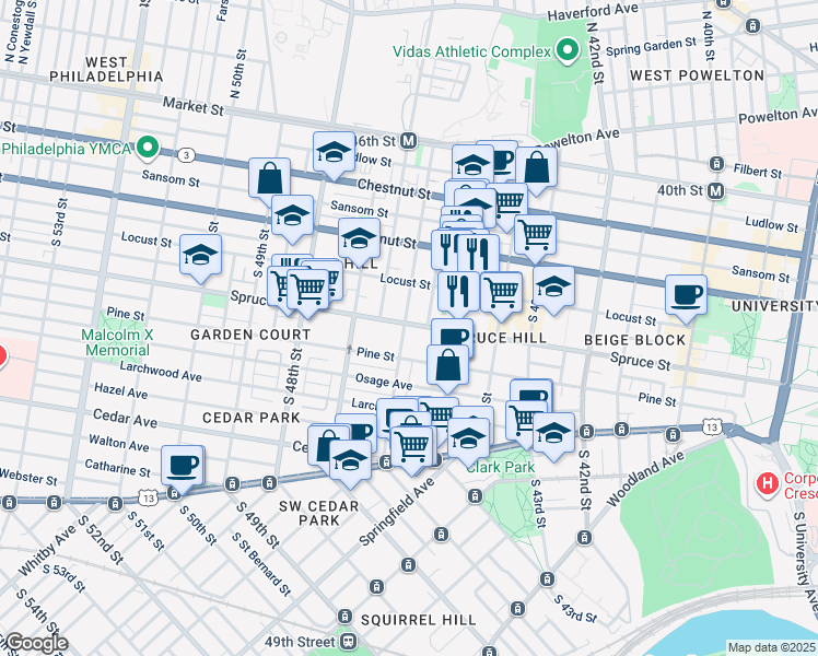 map of restaurants, bars, coffee shops, grocery stores, and more near 4534 Spruce Street in Philadelphia